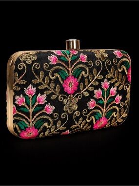 Embroidered Pink Floral Clutch Bag for Women